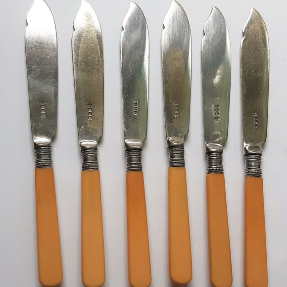 VTG Antique French Ivory Celluloid Handle Silver Plate Forks & Knieves Set of 12 - Picture 8 of 10